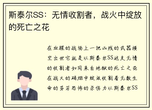 斯泰尔SS：无情收割者，战火中绽放的死亡之花